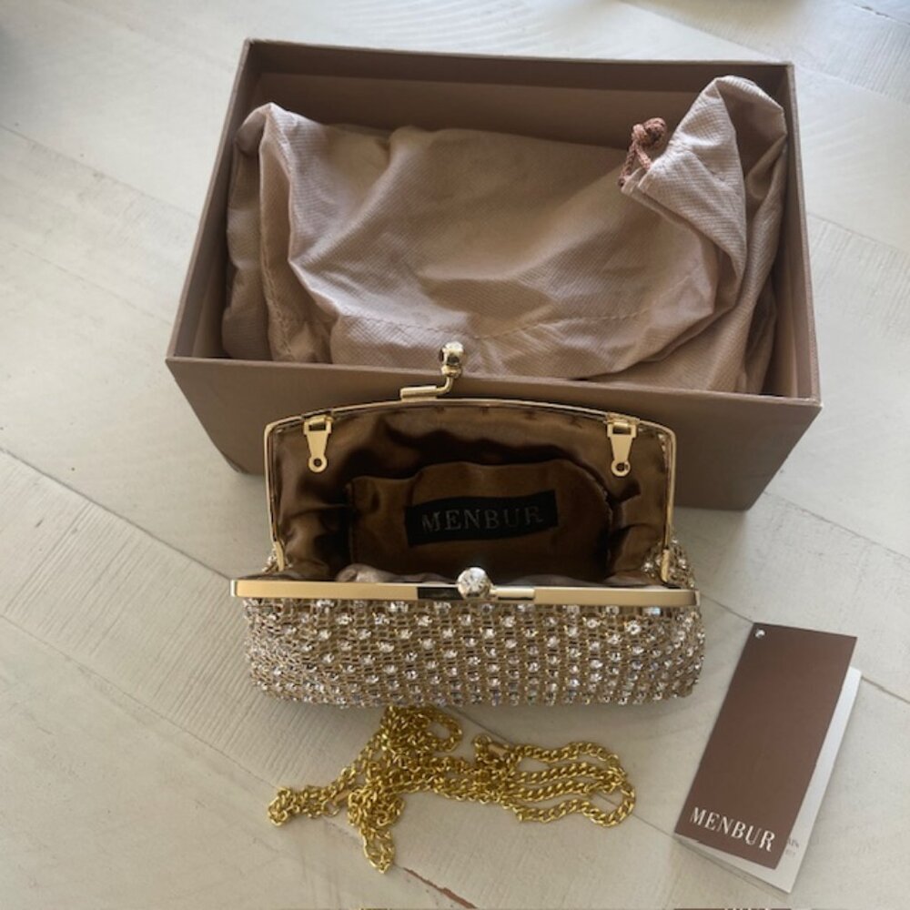 MENBUR GOLD CRYSTAL MESH CLUTCH SMALL SHOULDER BAG #12721-36 NWB - Picture 2 of 15